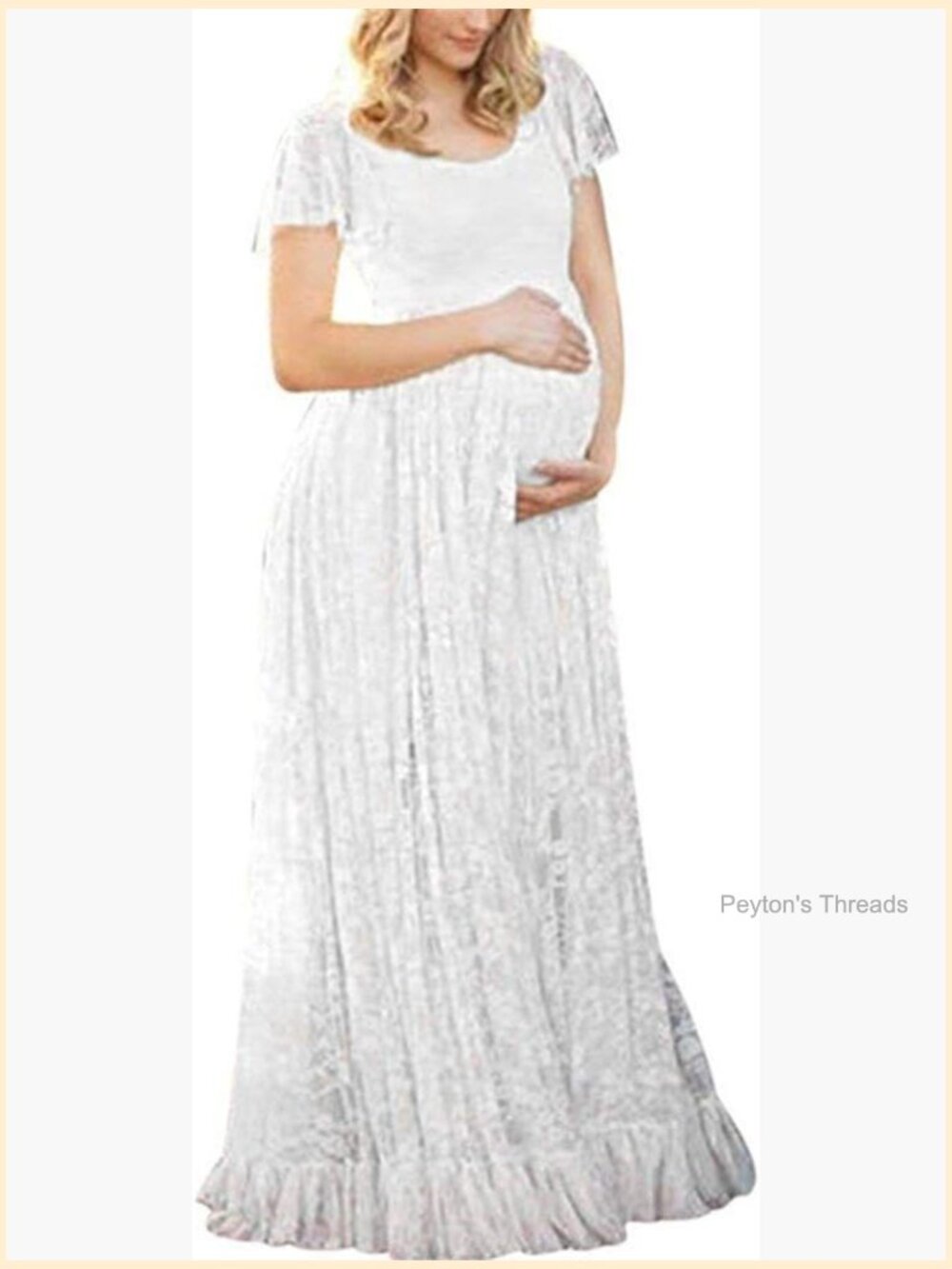 Maternity Ball Gown Maxi Dress with Floral Lace for Baby Shower